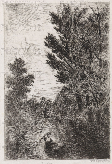 Country road with walkers, print, printmaker: Arnoud Schaepkens, 1831 - 1904, paper, chine collé, etching, drypoint, etching and drypoint, height 192 mm x width 125 mm, landscapes, A vertical etching showing a narrow waterway flanked by dense trees and foliage, with tall, textured tree trunks and leafy canopies on the right and more sparse vegetation on the left, a small roof peeking through foliage mid-scene, rippled water surface leading toward the foreground, and a solitary figure standing in the shallow water near the bottom, wearing a dress and holding something near their face.