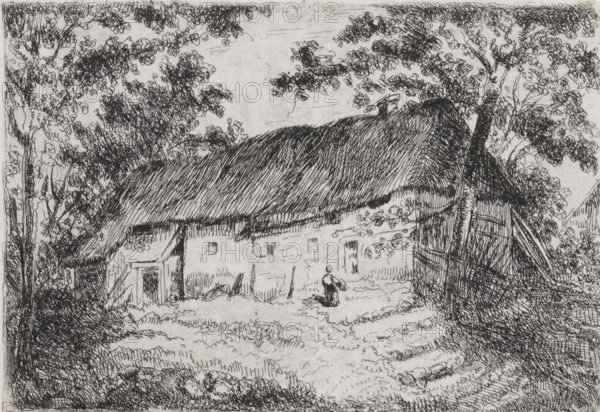 Long farmhouse, print, printmaker: Arnoud Schaepkens, 1831 - 1904, paper, chine collé, etching, drypoint, etching and drypoint, height 107 mm x width 152 mm, farm or solitary house in landscape, A pen-and-ink scene shows a thatched-roof building set among leafy trees, with dense, textured hatchwork on the roof and foliage; a fenced or boarded doorway is visible on one side, smaller door and window openings appear along the building facade, and a figure stands in front of the structure holding an object; the foreground contains textured ground marking and vegetation, while trees with detailed leaves frame the scene and branches cross the sky.
