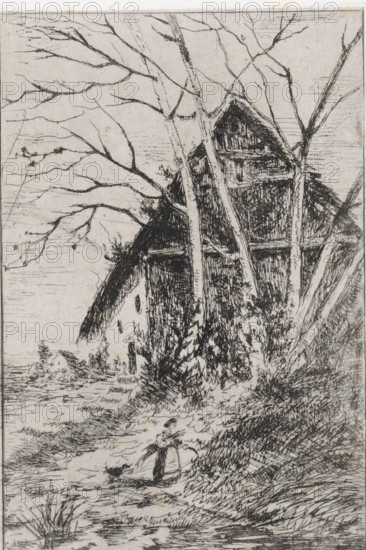 Hut under bare trees, print, printmaker: Arnoud Schaepkens, 1855 - 1904, paper, chine collé, etching, drypoint, etching and drypoint, height 216 mm x width 144 mm, cottage, trees, A detailed black ink sketch shows a tall, steep-roofed building partly obscured by several slender, leafless trees with many thin branches; dense cross-hatching and short strokes render the roof, walls, and surrounding foliage, while grasses and low plants cluster at the base of the building and along a winding path; in the foreground two small human figures stand close together on the path, and a small bird is nearby; the scene is framed by bare branches stretching across the upper area and textured ground patterns filling the lower area.