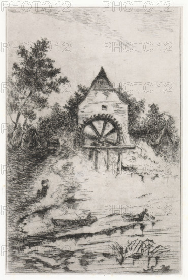 View of a watermill, print, printmaker: Arnoud Schaepkens, 1855 - 1904, paper, chine collé, etching, drypoint, etching and drypoint, height 217 mm x width 144 mm, watermill in landscape, A vertical black and white sketch of a riverside scene showing a triangular-roofed building with a large waterwheel partially enclosed by foliage, trees lining the left and right, a winding shoreline with textured water, a small boat with a seated figure, another small figure in the water near the center, and various grassy plants and ripples in the foreground.