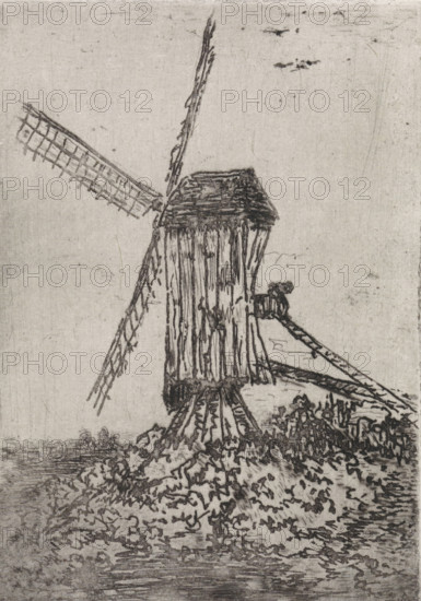 Wooden windmill in a landscape, print, printmaker: Arnoud Schaepkens, 1855 - 1904, paper, chine collé, etching, drypoint, etching and drypoint, height 153 mm x width 108 mm, windmill in landscape, A monochrome etching of a windmill with a tall, narrow wooden body and a slanted roof, rendered with fine, sketchy lines; two sails extend from the mill, one diagonal toward the upper left and another angled downward, both showing lattice-like structure; the mill stands on a raised base supported by angled beams and surrounded by rough, textured ground and vegetation at its foot; a horizontal beam projects from the mill with a small, indistinct figure or object perched on it; the background is plain and lightly textured with faint marks and a small cluster of dark smudges near the upper right.