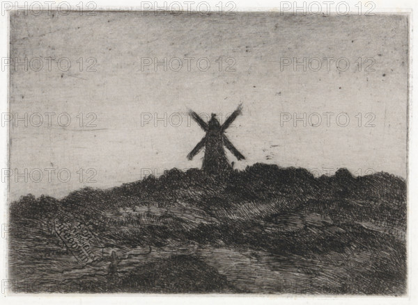 Mill in a dune landscape, print, stamp: 'H.Godard, Rue de la Huchette 27, Paris (in mirror image)', printmaker: Arnoud Schaepkens, 1855 - 1904, paper, chine collé, etching, drypoint, etching and drypoint, height 109 mm x width 152 mm, dunes (sea not visible), in the dunes, watermill in landscape, A monochrome etched landscape showing a lone windmill silhouette on a low ridge against a pale sky, with dark, densely hatched hills and textured ground in the foreground and scattered small marks across the sky.