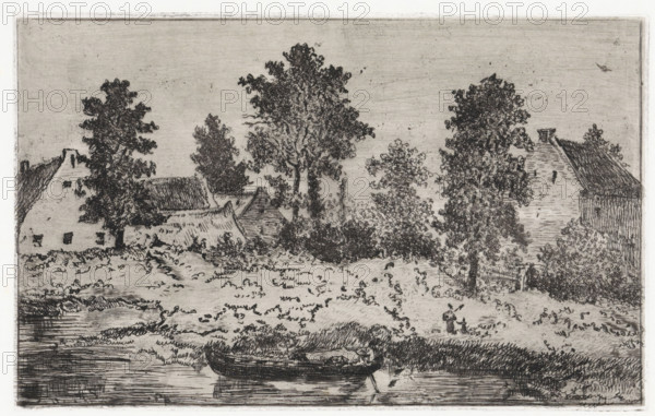 Houses by the river, print, printmaker: Arnoud Schaepkens, 1855 - 1904, paper, chine collé, etching, drypoint, etching and drypoint, height 148 mm x width 237 mm, landscapes with waters, waterscapes, seascapes (in the temperate zone), A detailed black and white etching shows a riverside scene with a small wooden boat moored at the water's edge in the foreground, reflected faintly on the water's surface. Behind the boat, a grassy and slightly overgrown bank rises toward a cluster of trees and shrubs rendered with dense, textured lines. Interspersed among the foliage are several simple houses with steeply pitched roofs and chimneys, their walls and thatch suggested by short, parallel hatch marks. Tall, leafy trees dominate the midground, their canopies drawn with intricate stippling and curving strokes, and smaller bushes and hedgerows fill gaps between buildings. The sky above is sparsely marked with light horizontal scratches and a single small bird in flight. The overall composition i...