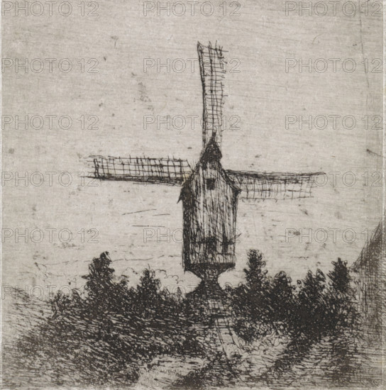 Windmill with three visible blades, print, printmaker: Arnoud Schaepkens, 1855 - 1904, paper, chine collé, etching, drypoint, etching and drypoint, height 93 mm x width 91 mm, windmill in landscape, A vertical wooden structure with a pointed roof stands in the center, its long horizontal blades extending outward with a grid-like pattern; dense, dark foliage and shrubbery cluster at the base, spreading across the lower area, while the background shows a textured, light surface with subtle marks and lines.