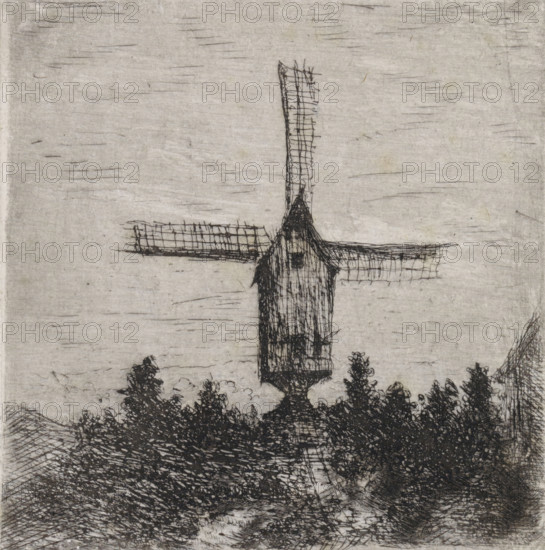 Windmill with three visible blades, print, printmaker: Arnoud Schaepkens, 1855 - 1904, paper, chine collé, etching, drypoint, etching and drypoint, height 94 mm x width 91 mm, windmill in landscape, A monochrome etching shows a tall vertical structure with a narrow base that widens slightly and supports horizontal lattice-like blades, resembling a windmill, set against a textured pale sky filled with short, linear scratches; below the structure a dense area of dark, tangled foliage and undergrowth fills the foreground with overlapping hatched lines and crosshatching, and faint linear marks suggest distant ground and subtle shading around the central form.