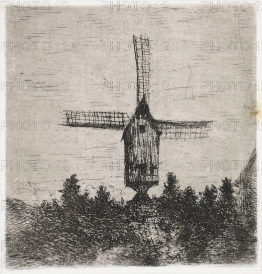 Windmill with three visible blades, print, printmaker: Arnoud Schaepkens, 1855 - 1904, paper, chine collé, etching, drypoint, etching and drypoint, height 94 mm x width 91 mm, windmill in landscape, A monochrome etching showing the upper portion of a windmill with a tall, narrow tower and a peaked roof, its horizontal sails rendered with crosshatched lines, set above a dark, densely hatched foreground of trees and shrubs, with a textured sky of light shading and fine horizontal scratch-like marks.