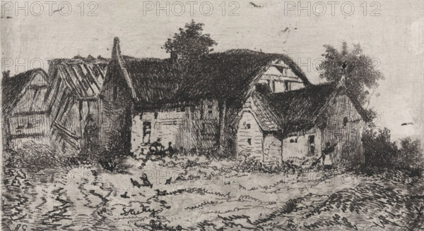 Group of thatched houses, print, printmaker: Arnoud Schaepkens, 1855 - 1904, paper, chine collé, etching, drypoint, etching and drypoint, height 130 mm x width 220 mm, cottage, A monochrome etched scene of several adjoining thatched cottages with steep roofs and textured walls, surrounded by low vegetation and small bushes, with a tree rising behind the central roof; the foreground shows a rough, undulating ground with scattered plants and a few small birds, while two human figures appear near doorways and windows; the sky is pale and sparsely marked with a few faint strokes.