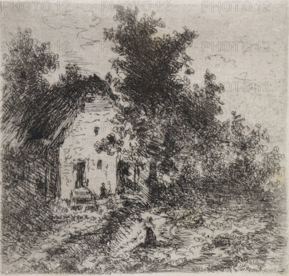 Farm under trees, print, printmaker: Arnoud Schaepkens, 1855 - 1904, paper, chine collé, etching, drypoint, etching and drypoint, height 90 mm x width 95 mm, farm or solitary house in landscape, A monochrome sketch showing a narrow country lane flanked by dense foliage and trees with scribbled, looping leaves and textured trunks, a thatched-roof cottage partially visible behind overhanging branches on one side, a small figure standing on the path near the cottage, layered hatching and cross-hatching creating shadows and ground texture, and a sky with faint, wispy cloud shapes.