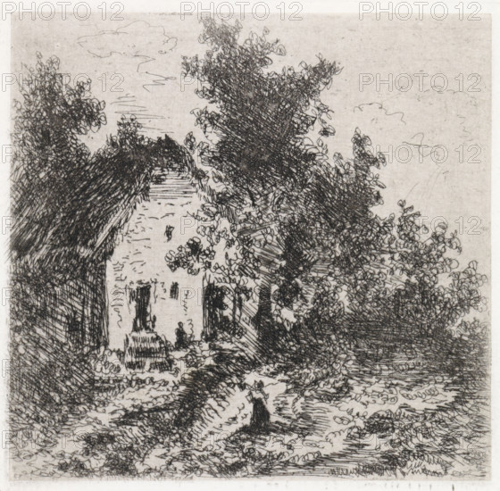 Farm under trees, print, printmaker: Arnoud Schaepkens, 1855 - 1904, paper, chine collé, etching, drypoint, etching and drypoint, height 91 mm x width 94 mm, farm or solitary house in landscape, A monochrome etching showing a narrow lane bordered by tall, densely scribbled trees and bushes, with textured foliage rendered in looping, crosshatched lines; a small stone building with a steep roof sits along the left side of the lane, its facade sketched with vertical and horizontal strokes and dark recessed openings; the path winds forward with rough, irregular marks indicating uneven ground and scattered vegetation; figures are suggested by small, dark silhouettes positioned along the lane and near the building; the sky is pale with a few faint, wispy cloud outlines above the treetops.