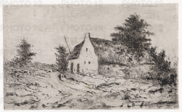 Landscape with farm and pond with ducks, print, printmaker: Arnoud Schaepkens, 1855 - 1904, paper, chine collé, etching, drypoint, etching and drypoint, height 119 mm x width 195 mm, farm or solitary house in landscape, water-birds: duck, fish pond (in garden), A monochrome etching shows a rural scene with a thatched cottage partially obscured by trees and foliage, the cottage featuring a steep roof and a chimney, with visible door and narrow windows; rough, textured ground and a dirt path lead toward the building, with low vegetation and shrubs along the path and clustered trees of varying sizes around the cottage, their leaves rendered with dense, crosshatched lines, and the sky appearing pale and minimally detailed above the landscape.