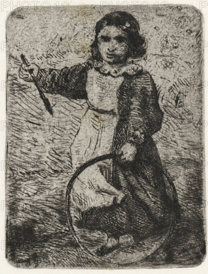 Girl with hoop, print, printmaker: Arnoud Schaepkens, 1831 - 1904, paper, chine collé, etching, drypoint, etching and drypoint, height 117 mm x width 88 mm, (bowling a) hoop, A monochrome etching of a young person shown from head to toe within a rounded-rectangle frame, wearing a dress with a ruffled collar and long sleeves, with dark hair styled close to the head, one arm extended holding a slender stick and the other hand grasping a hoop, the figure standing on textured ground marked by numerous short etched lines, the background filled with similar dense hatch marks and smudged tonal areas.