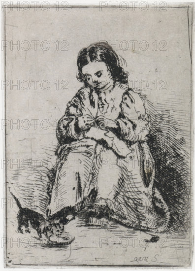 Sitting girl with knitting, print, printmaker: Arnoud Schaepkens, 1855 - 1904, paper, chine collé, etching, drypoint, etching and drypoint, height 131 mm x width 95 mm, knitting, A seated young person with curly dark hair and a downcast gaze wears a loose, long-sleeved garment with visible folds and shading, hands held together near the chest as if manipulating something small, the skirt of the clothing draping over the knees and creating layered, hatched lines; the background is plain with sparse, fine scratches and cross-hatched shadowing to the right and beneath the figure, and the lower foreground shows indistinct textured marks and a small dark shape near the hem of the dress.