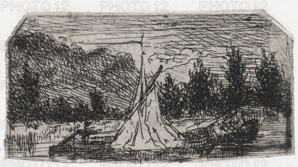 Sailing ship in a hilly landscape, print, printmaker: Arnoud Schaepkens, 1831 - 1904, paper, chine collé, etching, drypoint, etching and drypoint, height 51 mm x width 96 mm, sailing-ship, sailing-boat, landscapes with waters, waterscapes, seascapes (in the temperate zone), A monochrome sketch showing a triangular sail or tent shape centered in the foreground with lines suggesting fabric folds, flanked by small rowboats at its base, surrounded by dense, scribbled foliage and trees on both sides, layered horizontal and diagonal hatch marks filling the sky, a suggestion of distant clouds above a textured landscape, and a rectangular border framing the scene.