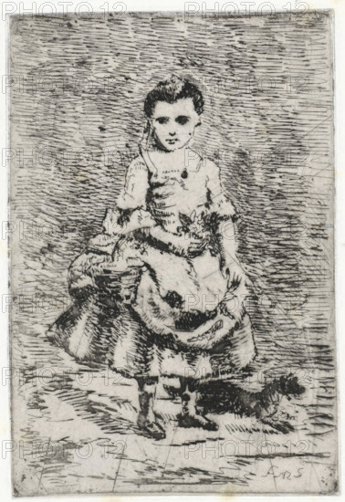 Young girl with dog, print, printmaker: Arnoud Schaepkens, 1831 - 1904, paper, chine collé, etching, drypoint, etching and drypoint, height 141 mm x width 96 mm, dog, girl (child between toddler and youth), A monochrome etching shows a young girl standing and facing forward, wearing a dress with puffed sleeves and a full skirt, her hair pulled back, and a neutral facial expression; she holds a small bouquet near her waist and one hand rests at her side; a small dog stands by her feet looking outward; the background is filled with dense horizontal and diagonal hatch marks creating a textured, sketchlike backdrop.