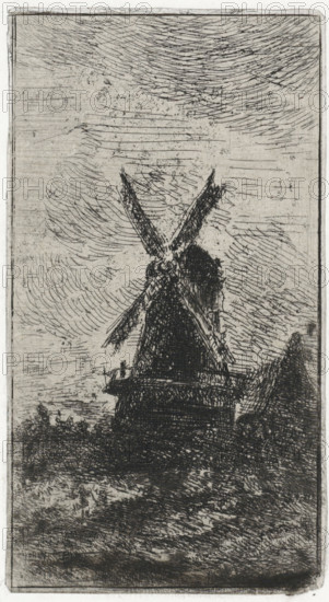 Windmill, print, printmaker: Arnoud Schaepkens, 1831 - 1904, paper, chine collé, etching, drypoint, etching and drypoint, height 115 mm x width 63 mm, windmill in landscape, A tall windmill with crossed sails stands on a raised base in the center of the image, rendered in dark, dense etching lines that contrast with a lighter, heavily textured sky filled with curved and horizontal hatch marks; to the right a smaller pointed-roof structure appears partially visible, and the foreground shows rough, darkly shaded ground and low vegetation suggested by sketchy strokes.