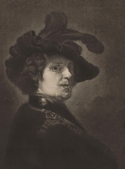 Portrait of a man with a feathered beret, print, A soldier dressed in a cloak and a beret with feathers., printmaker: Frans Everbag (signed by artist), after painting by Rembrandt van Rijn, 1903 - 1913, paper, mezzotint, proof print, height 288 mm x width 207 mm, head-gear: beret, A sepia-toned portrait of a person turned in three-quarter profile wearing a large dark hat with a wide brim and a tall feathered plume, with curly hair visible beneath the hat and a mustache and subtle facial lines, dressed in a dark garment with a patterned collar or sash, set against a plain darker background and framed by a lighter border.