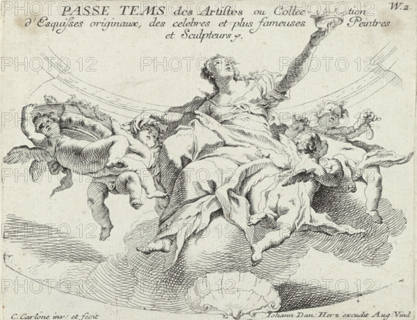 Nobility, Passe tems des artistes, ou collection d'esquisses originaux des celebres et plus fameuses peintres et sculpteurs, print, Fragment of a ceiling painting (possibly a dome decoration) with the personification of Nobility with a crown in her hand on a cloud. She is surrounded by angels, two of whom wear large crowns. Numbered top right: W. 2., printmaker: Carlo Innocenzo Carlone, Italy, after design by Carlo Innocenzo Carlone, publisher: Johann Daniel Herz (I), Augsburg, 1696 - 1775, Carlo Innocenzo Carlone, Johann Daniel Herz (I), printmaker, publisher, Bavaria, paper, etching, height 141 mm x width 178 mm, angels, 'Nobiltà' (Ripa), A detailed black and white line drawing shows a robed central female figure reclining on stylized clouds, her head tilted upward and one arm raised while the other rests near a small cherubic child at her side. Several putti with rounded bodies and curly hair surround her, some holding decorative objects and one leaning against a large ornamental wr...