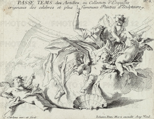 Rijkdom, Passe tems des artistes, ou collection d'esquisses originaux des celebres et plus fameuses peintres et sculpteurs, print, Fragment of a ceiling painting (possibly a dome decoration) with the personification of wealth on a cloud, surrounded by angels with a basket of coins. Numbered top right: W. 3., printmaker: Carlo Innocenzo Carlone, Italy, after design by Carlo Innocenzo Carlone, publisher: Johann Daniel Herz (I), Augsburg, 1696 - 1775, Carlo Innocenzo Carlone, Johann Daniel Herz (I), printmaker, publisher, Bavaria, paper, etching, height 139 mm x width 180 mm, angels, Wealth, Opulence, 'Opulenza', 'Richezza' (Ripa), A detailed ink drawing of figures and drapery. A central reclining female figure with flowing garments raises one arm upward while fabric billows around her. Several putti with small wings surround her, one leaning over her shoulder, another holding a garland, and others clustered near her legs and feet. Curled shells and cloud-like forms appear beneath and aro...