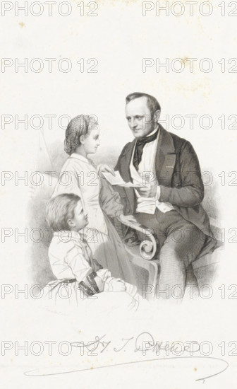 Title page for: JP Heije, Al de Kinderliederen, 1861, Man with two children, print, title page, A man on a chair with a sheet of written or printed paper in his hand looks at a girl and a boy next to him., inscription, inscription: 'Au. Allebee', inscription: '? A. Allebe', inscription: 'Author's signature', printmaker: Dirk Jurriaan Sluyter, Amsterdam, after drawing by Louis Chantal, photographer: Jacobus van Koningsveld, Dirk Jurriaan Sluyter, Louis Chantal, Jacobus van Koningsveld, printmaker, after drawing by, photographer, paper, etching, steel engraving, roulette, steel engraving and roulette, height 202 mm x width 138 mm, Title page for: JP Heije. Al de kinderliederen. Amsterdam: PN van Kampen, 1861., reading to somebody, A black and white engraving shows a seated man in formal clothing with a jacket, waistcoat, and neckcloth holding a folded sheet of paper and looking toward two children; one child stands beside him with a braided hairstyle and a dress, facing the man, while th...