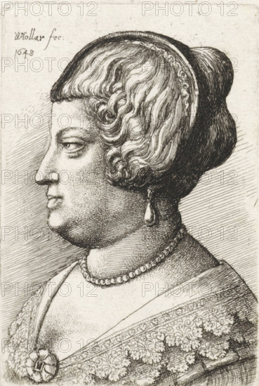 Portrait of a woman with a headband, print, printmaker: Wenceslaus Hollar, Antwerp, 1648, paper, etching, height 76 mm x width 51 mm, anonymous historical person portrayed alone - BB - woman, A detailed black and white engraved profile of a woman facing left, showing her head and upper torso. She has short, curled hair held back by a rounded headpiece and a bun at the back, with a single teardrop-shaped earring hanging from her ear. Her face features a straight nose, closed lips, and a calm expression. She wears a beaded necklace and a richly patterned garment with floral motifs and an ornate brooch at the shoulder. The background is textured with fine parallel lines.