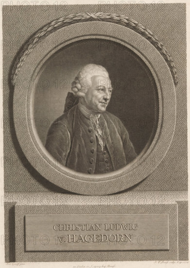 Portrait of Christian Ludwig von Hagedorn, print, printmaker: Johann Friedrich Bause, Leipzig, after painting by Anton Graff, 1774, Saxony, paper, engraving, etching, height 268 mm x width 198 mm, Person, Christian Ludwig von Hagedorn, portrait, self-portrait of artist, A monochrome engraved portrait of an older man shown from the chest up inside an oval frame, the figure turned slightly to his right with a composed facial expression and powdered, curled hair gathered at the back with a ribbon. He wears a dark coat with a double-breasted front and visible buttons, over a waistcoat and a lace-trimmed cravat. The oval portrait is set against a textured background with concentric decorative borders and a braided ornament at the top of the frame. Below the oval, a rectangular plaque with raised borders is mounted on a block-like pedestal. The image is rendered with fine cross-hatching and detailed line work throughout.