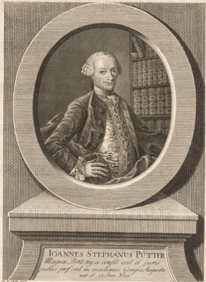 Portrait of Johann Stephan Pütter, print, printmaker: Johann Friedrich Bause, Halle an der Saale, after painting by H. Wilhelm Dietz, 1763, Saxony-Anhalt, paper, engraving, etching, height 230 mm x width 173 mm, Person, Johann Stephan Pütter, historical persons, bookshelves, An engraved portrait of a man set inside an oval frame, showing his head and upper torso, with powdered hair styled in curls and a composed facial expression; he wears an ornate jacket with decorative buttons and an embroidered waistcoat, a lace cravat at his neck, and one hand resting on his hip while the other drapes fabric; behind him a bookshelf with rows of uniformly bound books is visible, and the entire oval portrait sits within a larger rectangular architectural surround that includes a plinth below.