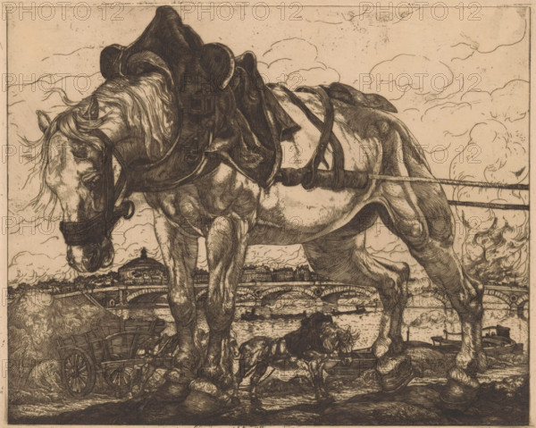 Draft horse by the Seine in Paris, L'Attelage (original series title on object), print, Behind the horse a four-horse team. In the background the Seine, with possibly the Grand Palais on the left., printmaker: Pieter Dupont (signed by artist), Paris, 1898, Pieter Dupont, printmaker, paper, etching, intaglio printmaking technique, height 160 mm x width 197 mm, horse, city-view, and landscape with man-made constructions, Seine, A large horse with a bridle and a saddle stands with its head lowered, its mane and tail shown with flowing lines and shading; harness straps cross its back and sides and a rope extends from its body toward the right; beneath and around the horse are smaller animals including a dog and another small horse or foal, as well as baskets, a cart wheel, and scattered objects on the ground; in the midbackground a bridge spans a river with small boats on the water and buildings along the far bank; the sky is filled with stylized clouds and the scene is rendered in detaile...