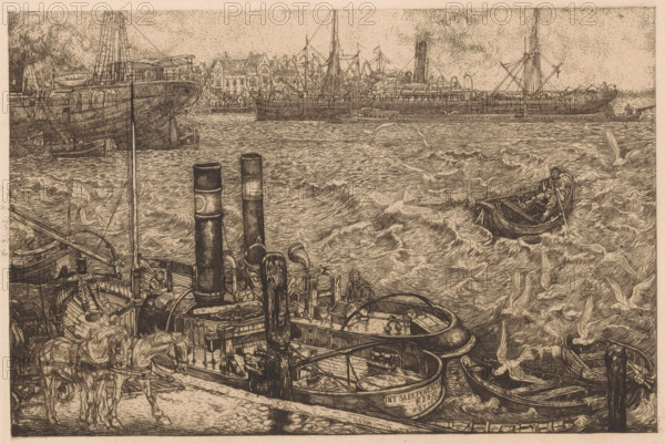 Harbour with tugboats in Rotterdam, print, On the right in the foreground two tugboats moored at a quay. On the quay a team of horses. In the background two cargo ships and a rowboat. Between the cargo ships a quay with houses. Seagulls are flying in the air., printmaker: Pieter Dupont, Rotterdam, 1898, paper, zinc etching, intaglio printmaking technique, height 138 mm x width 198 mm, harbour, A detailed ink drawing of a busy waterfront with a foreground full of small boats and dockside machinery, including smokestacks and winches, and a team of horses harnessed at the quay. The water is choppy with visible waves and many seagulls flying and floating above the surface. In the middle distance a lone rowboat with a seated figure is being rowed across the water while larger steamships and sailing vessels are moored further back, their hulls and masts visible against a skyline of densely packed buildings with varied rooflines. The scene is rendered in fine crosshatching and linework, creat...