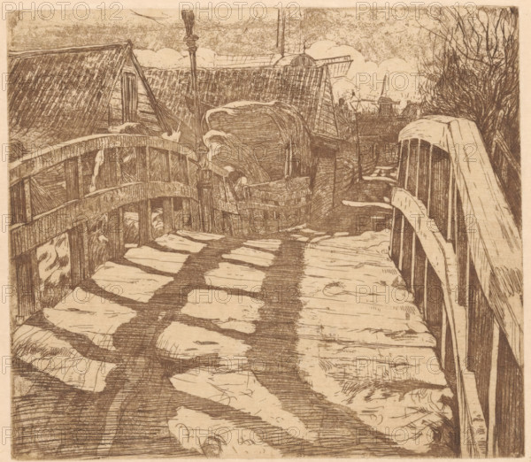 Bridge in the Baarsjes in Amsterdam, print, A wooden bridge whose railing casts a shadow on the bridge deck. In the background houses and two windmills., printmaker: Pieter Dupont (signed by artist), Amsterdam, 1895, paper, zinc etching, intaglio printmaking technique, zinc etching and plate tone in brown, height 160 mm x width 183 mm, city-view, and landscape with man-made constructions, bridge, Baarsjes, A sepia-toned etching of a narrow wooden walkway flanked by curved railings and fences, with irregular planks and shadowed gaps underfoot. On the left a slatted fence runs alongside a steep roofed structure with visible shingles and a small doorway; on the right another curved railing leads toward bundled objects covered by draped cloth. In the midground there are stacked wooden barrels or crates and a tall post with a knotted top, while behind them the rooftops of additional buildings slope upward beneath a textured sky. Leafless, densely branched trees rise on the far right, and th...