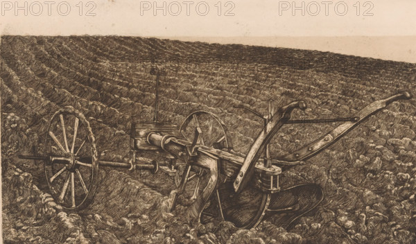 Plow in a field, print, printmaker: Pieter Dupont, France, c. 1900, paper, etching, intaglio printmaking technique, height 143 mm x width 228 mm, agricultural implements: plow, A detailed monochrome drawing shows a field of furrowed soil stretching to the horizon, with closely spaced ridges and furrows rendered in fine hatched lines; in the foreground there is a wooden agricultural implement with large spoked wheels, curved handles, metal fittings, a boxlike component, and various beams and braces, all drawn with textured wood grain and metal details, sitting atop and partly embedded in the ridged earth beneath a pale, almost empty sky.
