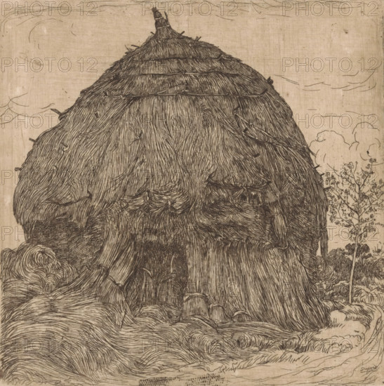 Hooipper, print, printmaker: Pieter Dupont, North Holland, c. 1894 - c. 1895, paper, zinkets, intaglio printmaking technique, height 155 mm x width 155 mm, hay-stack, A large, rounded structure made of closely packed, straw-like lines fills the center of the image, with layered bands and tied bindings across its slope and a small pointed top; thin sticks and knots protrude at various points in the straw texture. The background shows a pale, textured sky with faint, wispy cloud outlines. To the right of the straw structure, a tall slender tree with clustered foliage and intricate branch details stands beside other smaller vegetation. The foreground contains flowing, curving lines suggesting grasses or furrows, with darker shaded areas and subtle contour lines creating depth at the base of the main structure. The image is rendered in fine, dark linework on a beige, slightly mottled surface.