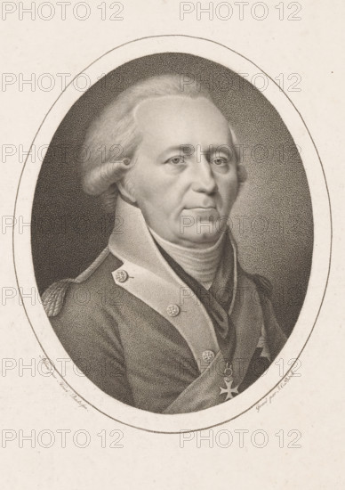 Portrait of an unknown soldier, print, printmaker: Johann Carl Bock, Nuremberg, after drawing by Johann Georg Heinrich Backofen, 1767 - 1843, Bavaria, paper, etching, stippelwerk, height 316 mm x width 234 mm, knighthood order, (military) uniforms, anonymous historical person depicted alone, An oval-framed, sepia-toned portrait of an older man shown from the chest up, with powdered hair styled back and side rolls, a high stiff collar, and layered garments including a sash and coat with decorative buttons and an insignia pendant; his expression is neutral, his eyes looking slightly off center, and the background within the oval is stippled while the outer area is plain.
