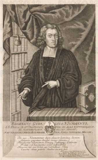 Portrait of Johann Georg Neumann, print, printmaker: Moritz Bodenehr, Dresden, writer (clerical worker): Johann Heinrich Feustking, Wittenberg, 1709 - 1748, writer (clerical worker), Saxony-Anhalt, Saxony, paper, engraving, intaglio printmaking technique, engraving with plate tone, proof print, height 289 mm x width 178 mm, Person, Johann Georg Neumann, historical persons, armorial bearing, heraldry, book, bookshelves, A seated man with wavy shoulder-length hair wears a dark robe with a white rectangular collar and a buttoned garment beneath, his facial expression neutral and his gaze forward; one hand rests on his robe near his torso while the other hand points outward above a table covered with a striped cloth, beside which a large ornate closed book with decorative corner fittings stands upright; behind him a tall draped curtain hangs and to the left a bookshelf filled with uniformly bound volumes is visible, with a tassel hanging near the top of the shelf.