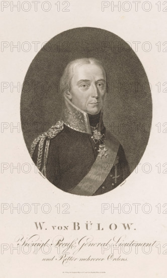 Portrait of Friedrich Wilhelm Bülow, print, printmaker: Friedrich Wilhelm Bollinger, Berlin, after painting by Heinrich Anton Dähling, publisher: Weiss & Co., Baptista and Gaspare, 1814 - 1825, paper, stippelwerk, height 270 mm x width 206 mm, Person, Friedrich Wilhelm Graf Bülow von Dennewitz, historical persons, knighthood order, (military) uniforms, An oval-framed black and white engraved portrait of a man shown from the chest up wearing a dark military uniform with an ornate high collar and braided shoulder decoration, a sash across his chest, and multiple star-shaped medals pinned to his chest; he has a solemn expression, light-colored hair combed back, and is set against a densely stippled dark background within a lighter rectangular sheet that shows decorative script text below the portrait.