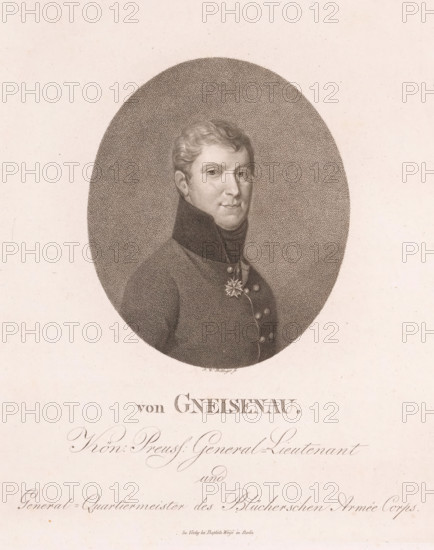Portrait of August Wilhelm Antonius Neidhardt von Gneisenau, print, printmaker: Friedrich Wilhelm Bollinger, publisher: Baptista Weiss, Berlin, 1813 - 1825, paper, stippelwerk, height 248 mm x width 182 mm, Person, August Wilhelm Antonius Neidhardt Graf von Gneisenau, historical persons, knighthood order, (military) uniforms, A sepia-toned oval portrait of a man shown from the chest up, wearing a dark high-collared military coat with decorative buttons and a star-shaped medal on his chest, his hair short and wavy, his face turned slightly toward the viewer with a neutral expression, set against a textured oval background on a pale page with ornamental script below.