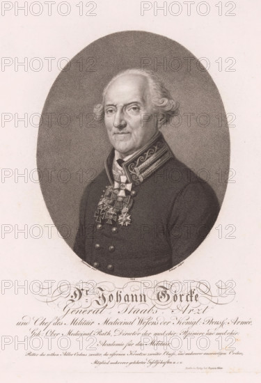Portrait of Johann Goercke, print, printmaker: Friedrich Wilhelm Bollinger, Weimar, after painting by Christian Tangermann, publisher: Baptista Weiss, Berlin, 1819, Thuringia, paper, stipple engraving, height 280 mm x width 225 mm, Person, Johann Goercke, historical persons, knighthood order, (military) uniforms, An oval portrait of an older man shown from the chest up, with a receding hairline and short wavy hair at the sides, wearing a dark military-style coat with a high, decorated collar and several detailed medals and crosses on his chest, his expression neutral and eyes looking slightly toward the viewer, rendered in fine stippled shading against a textured oval background set on a light rectangular sheet.