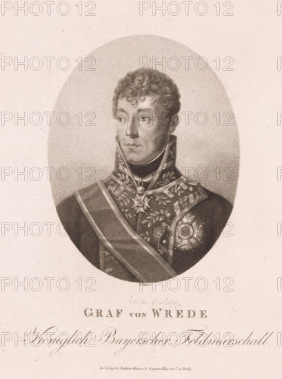 Portrait of Carl Philipp von Wrede, print, printmaker: Friedrich Wilhelm Bollinger, Berlin, publisher: Weiss & Co., Baptista and Gaspare, 1814 - 1825, paper, stippelwerk, height 264 mm x width 205 mm, Person, Carl Philipp von Wrede, historical persons, knighthood order, (military) uniforms, An oval-framed, sepia-toned engraved portrait of a man shown from the chest up wearing a high-collared military uniform with ornate embroidery and several decorative medals and stars on his chest, his hair is short and curly, his gaze is directed slightly to the viewer's left, and the surrounding paper shows a plain, lightly mottled background.