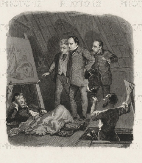 Sleeping painter caught, print, In an attic room, three men look down on a painter lying on the ground sleeping against his easel with a blanket over him. From a ladder, a fourth man watches with a lamp while holding the attic hatch open with one hand., printmaker: Dirk Jurriaan Sluyter (signed by artist), Amsterdam, 1826 - 1886, paper, etching, engraving, stippelets, engraving and stippelets, height 177 mm, width 114 mm, sleeping on the ground, easel, painter in non-work situation, An engraved scene shows an attic-like interior with a curved, ribbed ceiling. Three standing men occupy the center; two face forward with one holding a hat and the other with an arm around his companion, both wearing coats and cravats, while a bearded man behind them gestures with one hand toward the group. In the foreground a man reclines on a blanket with his head propped on one hand and eyes closed or lowered. Another man kneels near a hatch, holding a small object up toward the standing men and looking ...