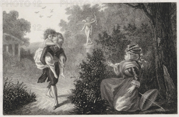 Old lady looks at a kissing couple, print, An older woman kneeling behind a bush looks shocked at a young couple kissing. The young man carries his beloved on his back. In the background, a statue of a blindfolded Cupid., printmaker: Dirk Jurriaan Sluyter (signed by artist), Amsterdam, 1826 - 1886, paper, etching, engraving, height 188 mm x width 237 mm, embracing each other, kissing, statues, sculptures in garden, parasol, sunshade, A black and white engraving shows an outdoor scene with dense foliage and trees framing a pathway. A young man carries a young woman over his shoulder, her arms draped around his neck and her dress falling. Both wear historical clothing; the man has breeches and a coat and the woman has a flowing dress with ruffled sleeves. Another woman sits on the right on the ground or a low seat beside a bush, wearing a large bonnet decorated with ribbons and a dress with voluminous skirts, one hand extended toward the couple. A small statue of a lightly draped figure ...