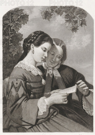 Two women with a letter, print, printmaker: Dirk Jurriaan Sluyter, Amsterdam, 1826 - 1886, paper, etching, stipple engraving, etching and stipple engraving, height 191 mm x width 120 mm, reading to somebody, letter, envelope, A detailed black and white engraving shows two women seated closely together, one resting her head against the other's temple as they both look at a sheet of paper held between them; the woman on the left has braided hair pulled back, a lace collar, patterned sleeves with tassel-like decorations, and an earring, while the woman on the right has smooth, center-parted hair, a wide ribbon tied at her neck, and a dress with a textured bodice and lace trim at the cuff; leafy vines frame the upper left and right corners of the image and a softly shaded background fills the space behind them.