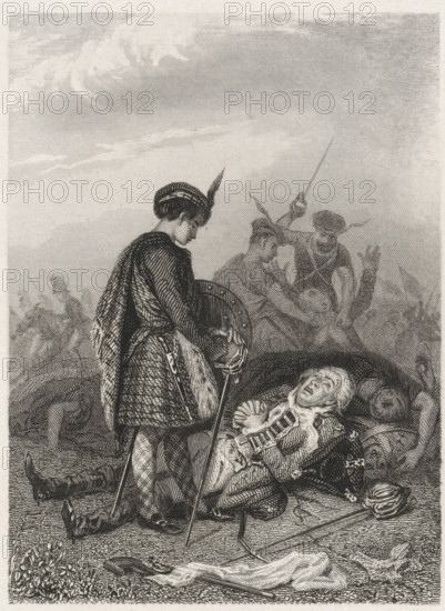 Soldier begs for his life, print, book illustration, A soldier lying on the ground begs for his life with folded hands from a young man in the uniform of the Scottish Guard. In the background, a battlefield where two other Scots are about to kill an opponent. In the foreground, weapons lie on the ground., printmaker: Dirk Jurriaan Sluyter (signed by artist), Amsterdam, 1826 - 1886, 1855, paper, etching, engraving, height 139 mm x width 110 mm, Print likely from: Walter Scott. Quentin Durward. Two volumes. Revised edition by SJ van den Bergh. Haarlem: AC Kruseman, 1855., duel in place of battle, Europeans (with NAME), A tall figure in patterned clothing and a feathered cap stands with a bowed head, holding a round shield and a long staff, while a reclining figure in ornate garments lies on the ground with a pained expression and clasped hands, surrounded by scattered items including a helmet and a sword; in the background two active figures engage with raised weapons and other indistinc...