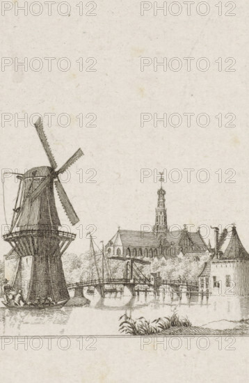 View of the Spaarne in Haarlem, Spaarne Haarlem, print, with figures on the left with barrels in a sloop near a windmill and in the background the Sint-Bavokerk., printmaker: Jacob Elias van Varelen (signed by artist), Haarlem, 1772 - 1840, paper, etching, height 128 mm x width 91 mm, windmill, landscape with bridge, viaduct or aqueduct (city(-scape) with figures, staffage), bascule bridge, Sint-Bavokerk (Haarlem), Spaarne (Haarlem), A detailed sepia ink scene shows a large windmill on the left with angled sails and a round base, a small boat with seated figures alongside the mill, a wooden bridge spanning a calm river with reflected arches, masts of sailboats near the bridge, a cluster of buildings and a church with a tall ornate tower rising behind tiled roofs, trees and shrubs along the riverbank, and grasses in the foreground.