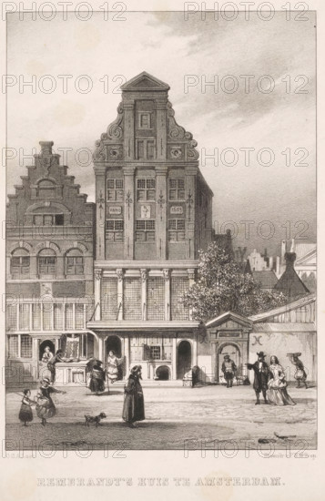 Rembrandt's House in Amsterdam, print, Possibly the Rembrandt House before the renovation in 1827, 1828. The building was located at the then Sint-Anthonisbreestraat 60, the current Jodenbreestraat in Amsterdam., printmaker: Carel Christiaan Antony Last, printer (person): Pieter Willem Marinus Trap, Leiden, c. 1836 - 1876, Carel Christiaan Antony Last, Pieter Willem Marinus Trap, printmaker, printer (person), paper, lithography, height 240 mm x width 160 mm, Person, Rembrandt van Rijn, urban housing, Amsterdam, Museum Het Rembrandthuis, A detailed black and white engraving shows a tall ornate building with decorative gables and multiple windows, flanked by shorter structures with arched windows and stepped gables; the street level features open shopfronts, doorways, and a small archway entrance next to a tree with dense foliage. In the foreground several people in period clothing are walking or standing, including women in long dresses, a man with a cane, a couple conversing, a child h...