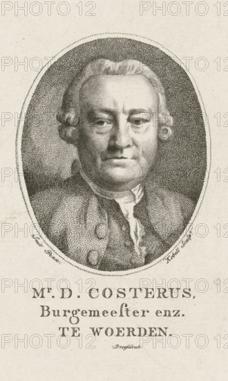 Portrait of Dominicus Costerus, Mr. D. Costerus Mayor etc. in Woerden, print, Portrait bust of Dominicus Costerus, sheriff and bailiff in Woerden and scribe., printmaker: Jan Kobell (I), after design by Smit, 1766 - 1833, paper, stipple engraving, etching, stipple engraving and etching, proof print, height 172 mm x width 152 mm, Person, Dominicus Costerus, An oval stippled portrait of a middle-aged man facing forward, showing a detailed facial expression with furrowed brow and neutral mouth, his hair styled back and curled at the sides, wearing a high-collared shirt and a coat with visible buttons and textured fabric, the portrait set against a stippled dark background within a dotted oval frame on aged paper, with printed decorative text and lettering visible below the portrait.
