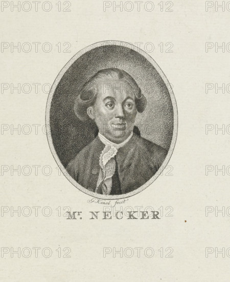 Portrait of Jacques Necker, print, Portrait bust of Jacques Necker, Minister of Finance in France. He is wearing a lace scarf., inscription: '58', printmaker: Gerrit Konsé, Amsterdam, after painting by Joseph Duplessis, 1761 - 1826, paper, stipple engraving, etching, stipple engraving and etching, proof print, height 237 mm x width 174 mm, Person, Jacques Necker, An oval engraving of a person shown from the chest up, with powdered hair styled away from the face and curled at the sides, wearing a dark coat and a light ruffled cravat, the face rendered with stippled shading and neutral expression, set against a textured dark background inside the oval and surrounded by a plain light paper field.