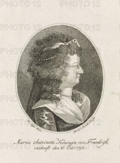 Portrait of Marie Antoinette (Queen of France), print, Portrait of Marie Antoinette (Queen of France). Below the portrait a reference to her beheading on October 16, 1793., printmaker: Jeremias Snoek, Rotterdam, publisher: Johannes François Jacobs d' Agé, The Hague, in or after 1793, Jeremias Snoek, Johannes François Jacobs d' Agé, paper, etching, stipple engraving, etching and stipple engraving, height 186 mm x width 111 mm, Person, Marie Antoinette, Execution of Marie Antoinette, Period, 1793-10-16, An oval portrait of a woman shown in profile facing right, rendered in fine dotted engraving, with tightly curled hair adorned with a strand of beads and a small decorative element at the top, a smooth forehead and arched eyebrow, a straight nose and closed mouth, a rounded chin and visible neck, a beaded necklace at the throat, a draped garment with a patterned bodice and a shawl-like cloth across the shoulder, the oval set against a textured dark background and surrounded by a narrow bo...