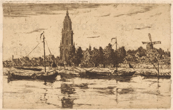 View of Rhenen, print, In the foreground the Lower Rhine. On the left the tower of the Cunerakerk, on the right a mill., printmaker: Jan Antonius van Schooten (signed by artist), Netherlands, 1880 - 1915, paper, etching, intaglio printmaking technique, height 121 mm x width 190 mm, city-view in general, 'veduta', river, parts of church exterior and annexes: tower, Rhenen, Rhine, Cunerakerk, Lower Rhine, A sepia-toned etching shows a riverside scene with a tall, narrow tower rising above clustered buildings and trees along the far bank. Several small boats with masts float on the water in the foreground, their dark hulls reflected in rippling lines on the river surface. To the right, a windmill with angled sails stands among low rooftops. The shoreline is edged with vegetation and low structures, and thin horizontal strokes indicate clouds across the sky. The image is rendered in fine, linear marks with varied shading.