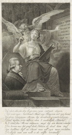 Portrait of William V, Prince of Orange-Nassau, print, Portrait of William V in an octagonal frame. Surrounding it are two allegorical figures and a number of objects. In the lower margin eight lines of Dutch text., printmaker, publisher, Amsterdam, Low Countries, paper, engraving, etching, height 232 mm x width 141 mm, The title mentioned here refers to the highest title obtained by the sitter, not necessarily to the title the sitter bears in this image., Person, William V (Prince of Orange-Nassau), A grayscale engraved scene showing a seated woman in classical drapery holding a book and looking upward, with an angel behind her whose wings spread wide and whose hands gesture toward the book and the woman's head; a male bust in profile rests on a pedestal near the woman's feet and a large book lies nearby; architectural elements and drapery form the background, and decorative script appears along the bottom edge.