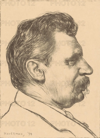 Portrait of Albert Neuhuys, print, A portrait of artist Albert Neuhuys with a moustache., printmaker: Hendrik Johannes Haverman, 1899, paper, lithography, height 202 mm x width 154 mm, Person, Albert Neuhuys (1844-1914), portrait, self-portrait of artist, moustache, A sepia-toned pencil drawing showing the right-side profile of a man from the shoulders up, with neatly combed dark hair, a prominent nose, a mustache and small goatee, a visible ear, and a high collar; shading and fine pencil strokes define facial contours, hair texture, and clothing folds against a plain background.