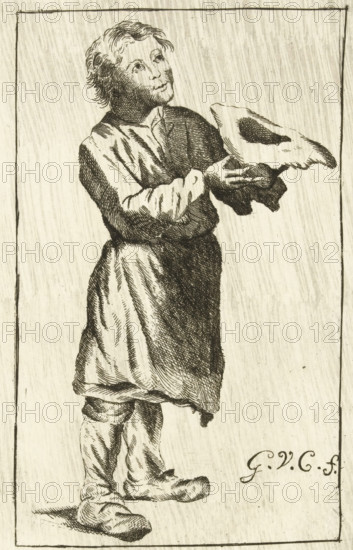 Beggar with an inverted hat, print, printmaker: G. van Citters, Netherlands, c. 1750 - c. 1800, paper, etching, intaglio printmaking technique, etching with plate tone, height 193 mm x width 130 mm, beggar, A standing figure drawn in a monochrome etching style, wearing a long loose garment over trousers and soft shoes, with hair of medium length and a contemplative upward gaze; the figure holds a cloth or flat object with both hands extended forward, and the image is bordered by a rectangular frame.